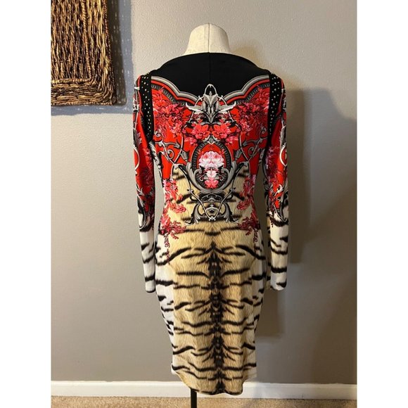 Roberto Cavalli Dress Long Sleeve Stretch Silk Animal Flowers Small Luxury $1250 - Picture 4 of 12